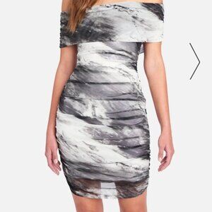 Bebe Black & White Marble Off The Shoulder Ruched Bodycon Above-The-Knee Dress